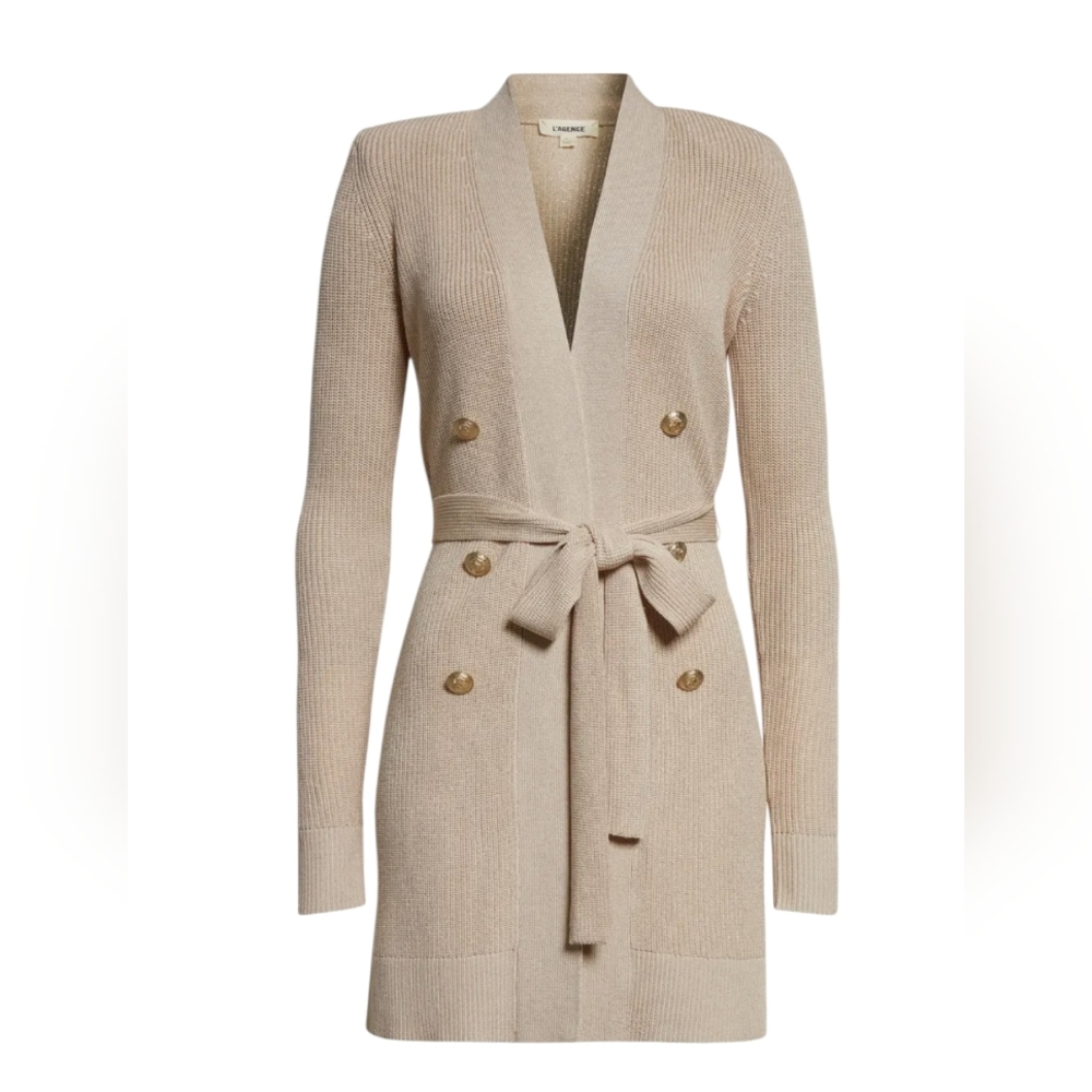 L'Agence Noe Gold Double Breasted Belted Cardigan Gold Embossed Buttons Luxury